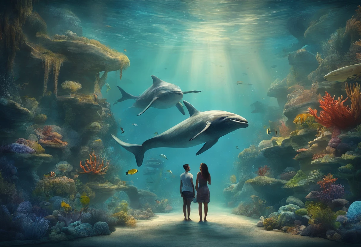 Two people were standing in front of a large aquarium, Okinawa Churaumi Aquarium, vividness), aquariums, standing under the sea, merging, amazing depth, photograph taken in 2 0 2 0, Incredible depth, under the ocean, husband and wife, Giant whale tank with legs, famiglia, photo, Photos taken with a Nikon D750