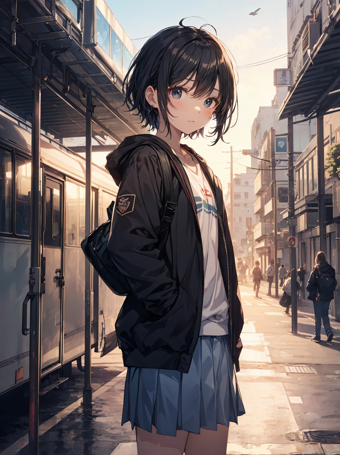 divine quality, anime moe art style,Best Anime 8K Konachan Wallpapers,Pixiv Contest Winner,Badass Anime 8K,Perfect Anatomy, (Draw a girl sleepily walking to school. ),BREAK, 1girl in, (Solo,Lori,,13yea:1.3),a junior gynous attraction, (Very short hair),hair messy, Full limbs, complete fingers,flat chest, Small butt, groin, Small eyes,Precise black eyes,disgusted eye, School uniform, On the way to school. BREAK,Ultra-detailed,High resolution,super detailed skin, Professional Lighting,8k eye details, (cool illustration:1.2),
