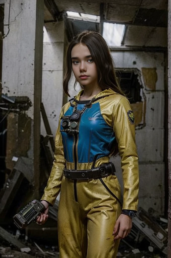  girl wearing (vaultsuit with pipboy3000 on wrist) standing in a ruined city, holding a large fallout weapon, giant slater fallout insect in background, professionally color graded, professional photography, well drawn, masterpiece, hyper realistic, ultra detailed, high quality, best quality, 4k, 8k, raw