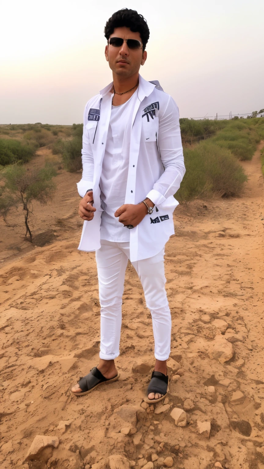 arafed man standing on a dirt road with his hands in his pockets, full body picture, wearing a white shirt, with a cool pose, wearing white shirt, wearing a white button up shirt, mohamed chahin style, cool pose, doing an elegant pose, casual pose, full body photograph, stylish pose, riyahd cassiem