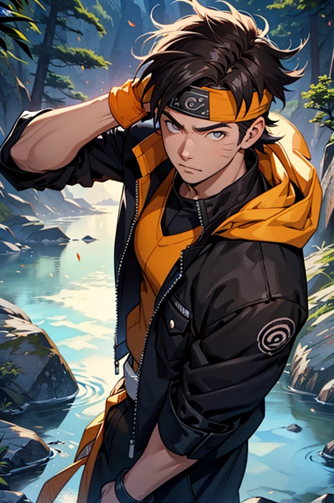 A European looking guy with messy straight brown hair, named Ryo, Handsomer, High quality picture, With Naruto headband With air symbol, wearing black jacket, 4K, next to the river, both eyes clear, wearing gloves, campfire