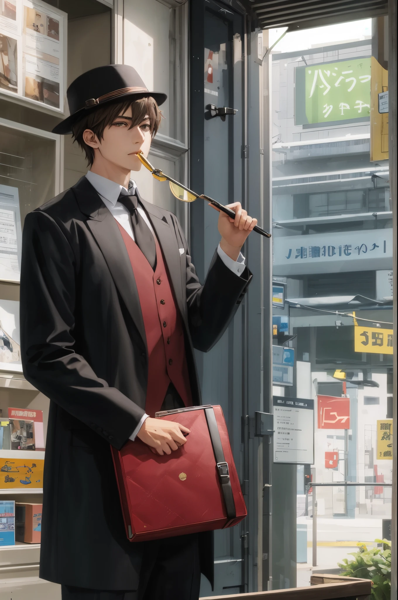 Anime Detective Teenager, male, Magnifying Glass, tobacco pipe, brown detective attire
