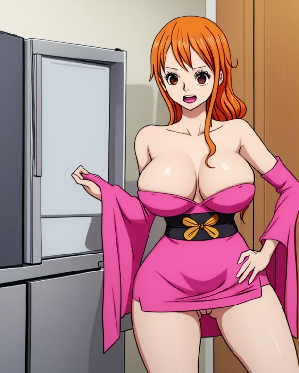 Nami from one piece naked orange hair, brown eyes, naked , huge breast, small nibbles, thic hips, wide hips, pussy , perfect waist, sexy in kitchen show her  looking in fridge pussy open  dress show her legs open breast