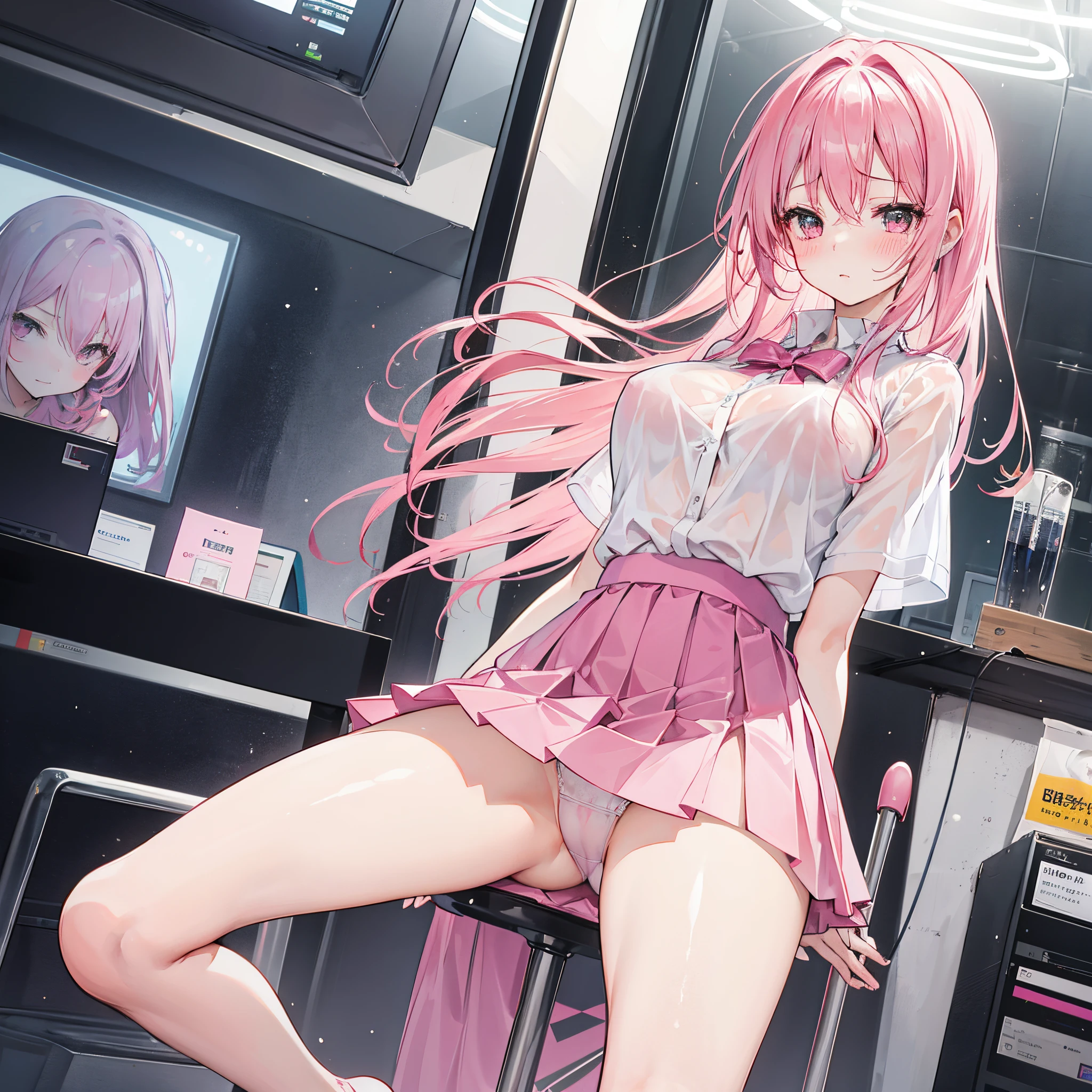 A girl with pink hair,The whole body was soaked,Loose hair,Blushing and shy,spread your legs,lifting up skirt,white see-through panties,Tender lips,Cute big breasts
