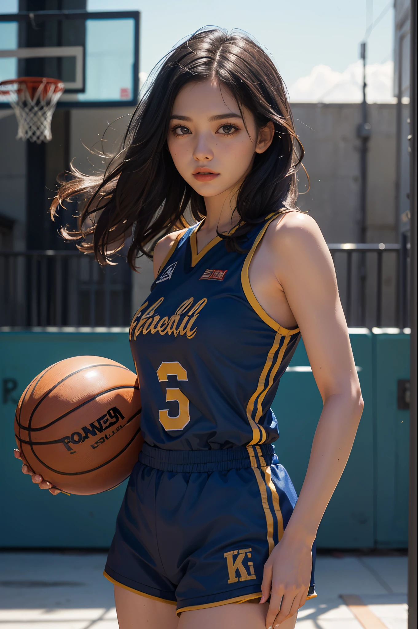 8K, Best Quality, Masterpiece: 1.2), (realisitic, Photorealistic: 1.37), A highly detailed, Best Quality, The ultra-Highres, Professional Lighting, photons mapping, radiosity, physics based rendering(physics based rendering(physics based rendering(physics based rendering(physics based rendering(Physically Based Rendering))))), Cinematic lighting , Basketball court, Depth of field, Focusing, sun beam, good composition, (Bokeh: 1.2), 1 Girl, (Whole body), (closed mouth), beautidful eyes, posando, constriction, basketball uniform, Black hair , Messy hair, long hair blowing in the wind,(ulzzang-6500:1.2) mix4, hiqcgbody, large full breasts, A little sexy outfit
