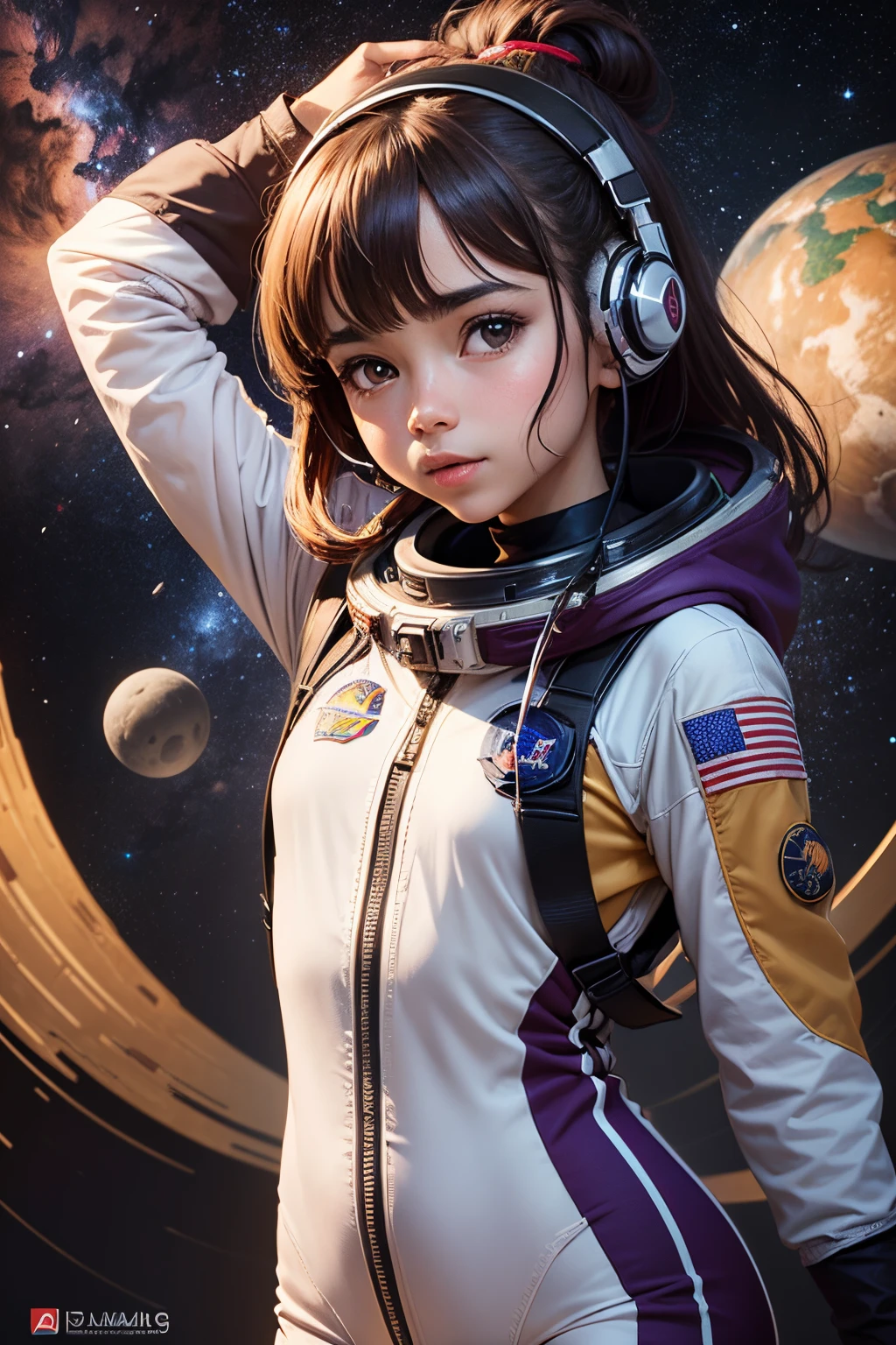 Uma menina angelical, rosto perfeito, 12 anos, pele de cor marrom, indigenous facial features, olhos castanhos escuros, olhos pequeno e puxados, cabelo abaixo dos ombros, cabelo sem  franja, cabelos escuros, cabelo liso, ultra high-resolution, alta qualidade, 4k, parte superior do corpo:1.5, Lisa (Impacto Genshin), Urple Witch tem, brown hair, cabelo lisos, com alguns fios voando com o vento,(Pureerosface_v1:0.008), wearing astronaut jumpsuit, NASA symbol, Brazilian flag on arm,  a headphone on the head,  separated-lips, Lips smiling, gestos infantis, segurando um livro de astronomia, Exploring space, como plano de  fundo cosmos, planetas , estrelas, lua , astros, chuva de meteoros,  galaxias.