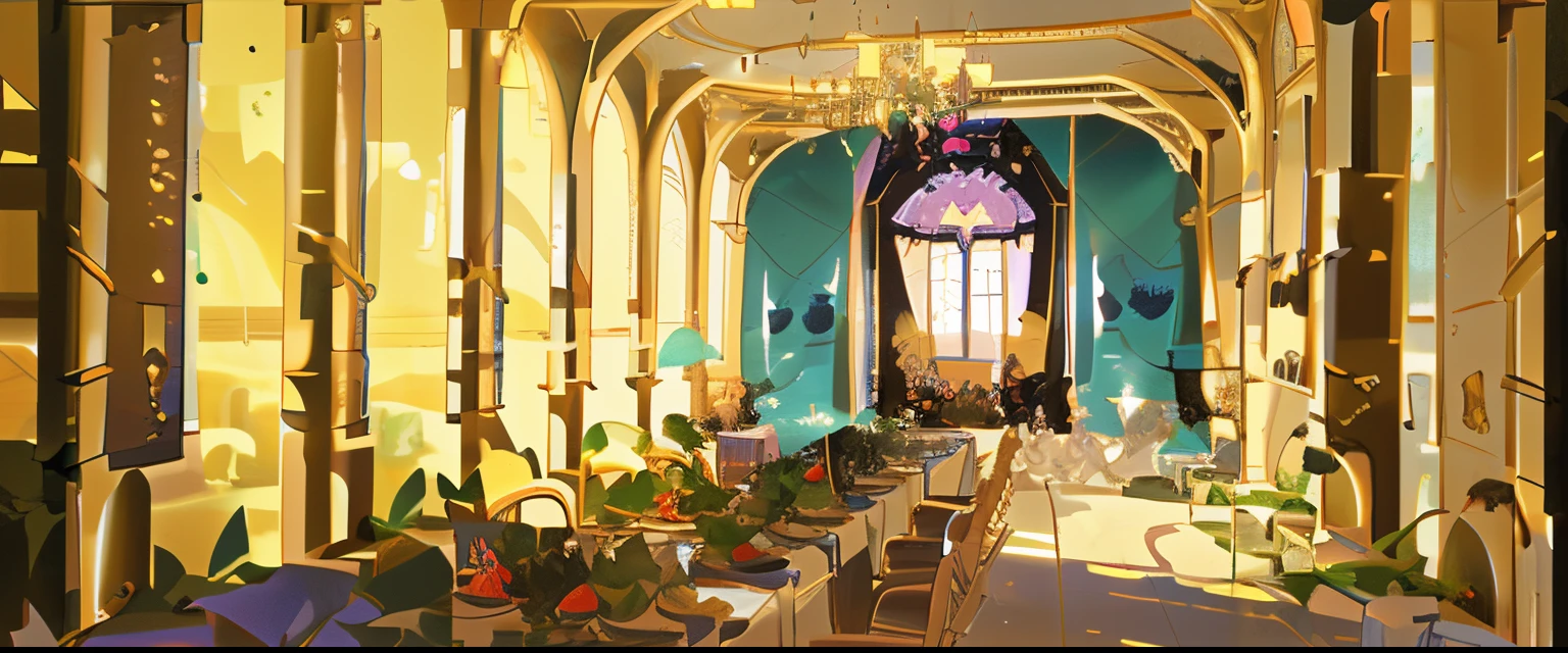 At a banquet in a European-style castle, Decorative photo frames hanging on the wall，Green plants placed in the corner. The table is filled with all kinds of delicious food.、Cake’s requirements for atmosphere, Fruit and refreshments: During the day, A beam of light shines out of the window，shine on the table，Glaze products reflect the requirements of colorful light point painting style: Make 2D colors clean and transparent, You can use some contrast and color jump methods.