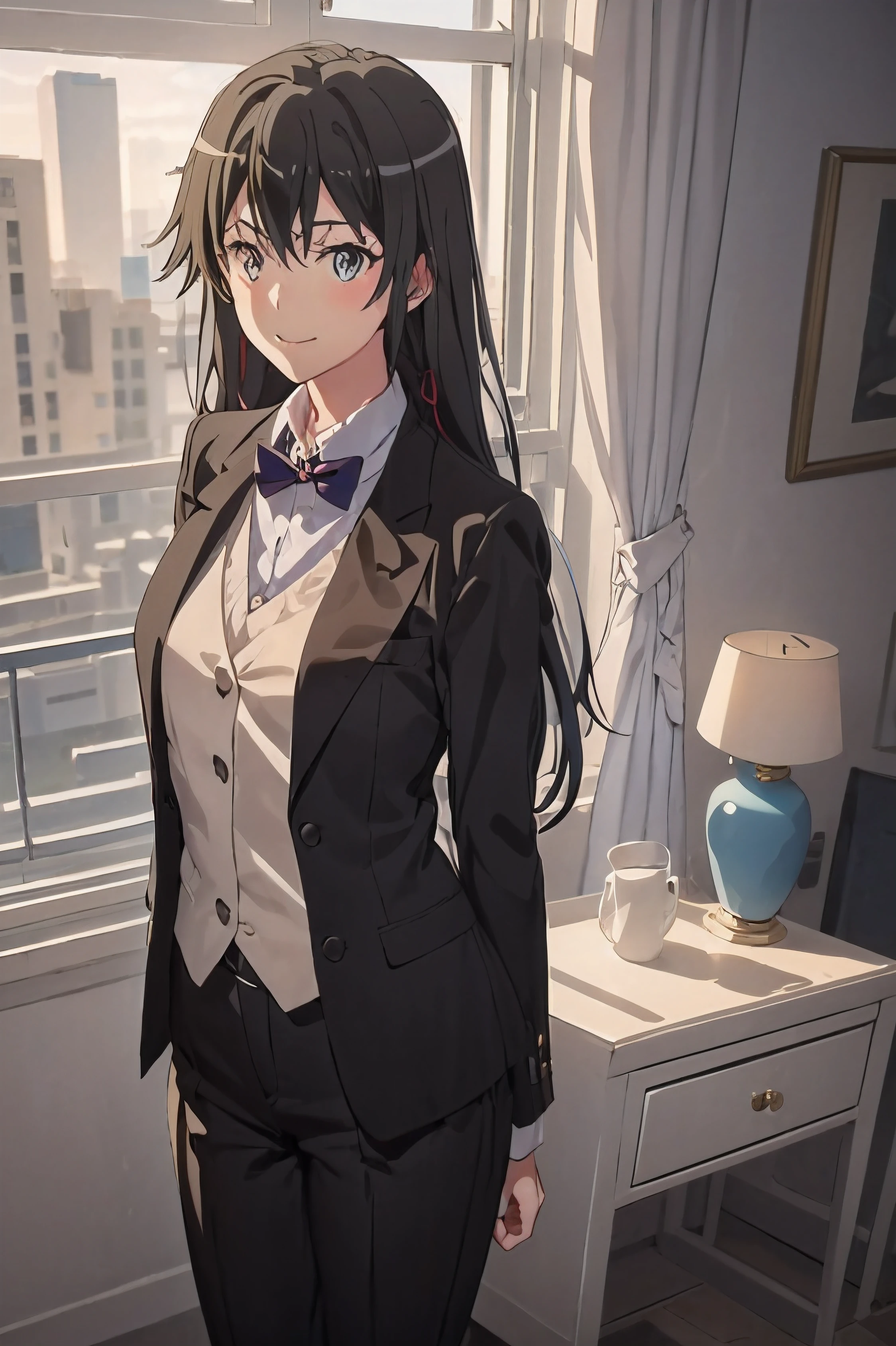 1girl, Illustration of a girl, Yukinoshita Yukino, The view is wearing a tuxedo coat, Standing, ((anime)) 8k Coolfull