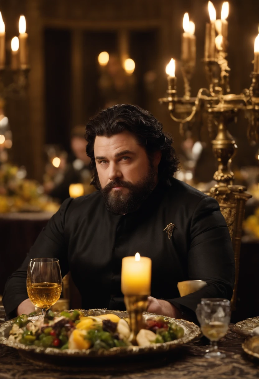 A photo of Robert sitting at a lavish banquet table, surrounded by an array of indulgent dishes and drinks,Game of Thrones TV series,Robert is fat, with thick black hair and beard streaked with grey, commonly wears black with yellow accents. Famously portrayed by Mark Addy, male