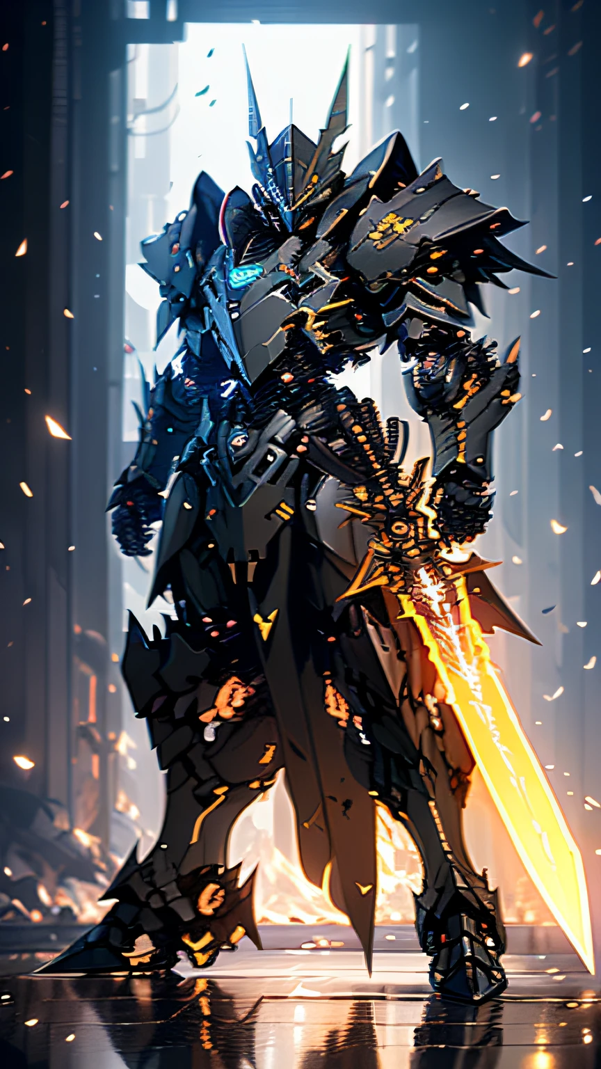 Alaphid knight in armor standing in dark room,With a sword, Black fire reflective armor, cyberpunk flame suit, Violent skeleton knight black armor, heavy metal armor, cybernetic flame armor, black heavy armor, corrupted armor, cybernetic fire armor, full body x-force clothing, Thick obsidian armor, Spiked scrap metal armor