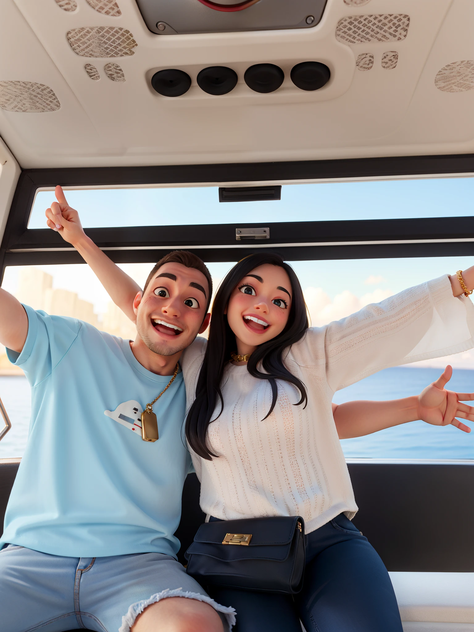 A very happy couple sitting on a high ferris wheel with blue sea in the background. The men is sitting on the left side with a big smile and hands in the air crossing the hands with his wife.His nipple is touching her boobs. The couple heads almost touch each other. His right hand is showing behind her back. The man is white Caucasian background and has a square chubby face. He has his eyes pinched of the big smile, his hair is European darkblonde straight he has starting balding in front of his head. He has a light blue tshirt and his sunglasses hanging on the collar of his shirt. He has a darkblue jogging short on.
The woman is pretty Latina with long black hair. She is smiling very big with white teeth and eyes pinched. Thin eyebrows Her hands are up in the air. The left hand is a finger pointed to the sky behind his left ear. Her right hand is showing up in the air as wel. She has on a white detailed patterned t shirt. She is wearing a black crossbody bag with gold details and gold chain. She is wearing black jeans