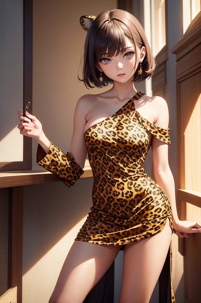 (masterpiece, high quality) 1 girl, (wearing very short one shoulder dress), (leopard skin dress), beautiful face, beautiful eyes, perfect body, sexy pose