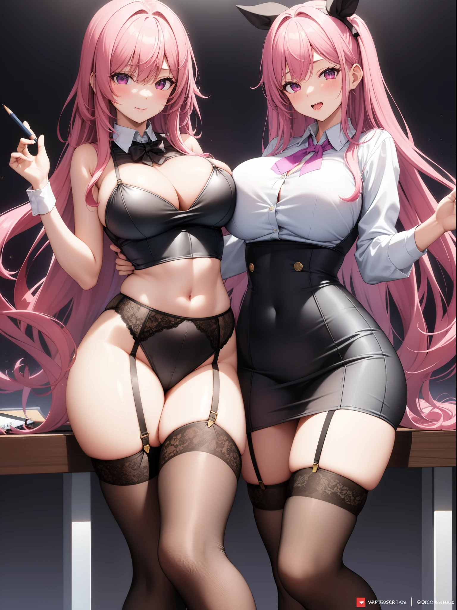 Best quality at best, tmasterpiece), 1个Giant Breast Girl, with pink hair, a purple eye, a garter belt, pencil skirts, Female office staff, Black bra, tiese, collared shir, leaning backward