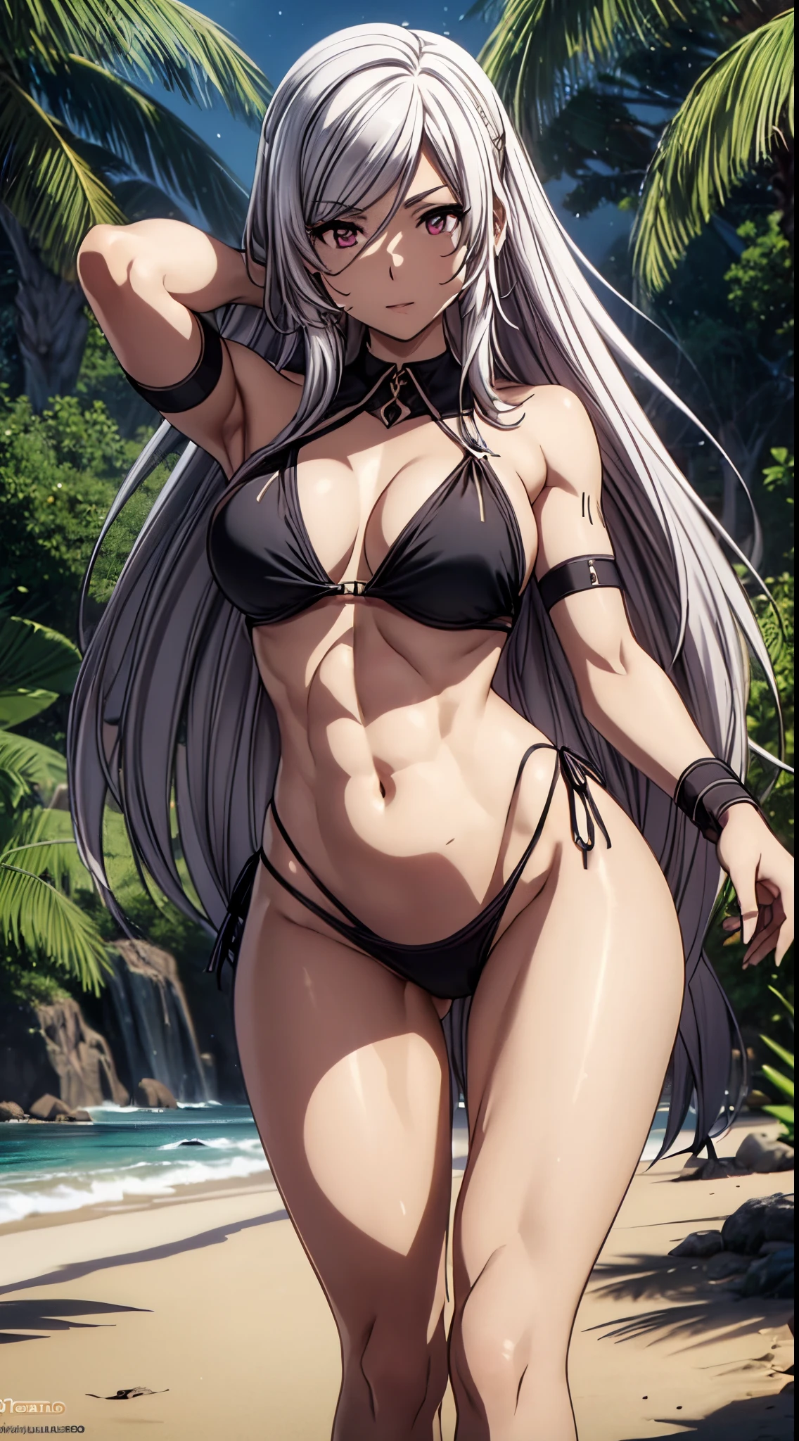 1 garota, (((Alexia Midgar))), Cabelos prateados, Olhos vermelhos, peitos grandes, anatomia perfeita, ((very short black bikini), usando fio dental, pernas musculosas, barriga musculosa, cintura fina, quadris Largo, (olhando para mim), on the beach at night with starry sky and full moon in the sky, foco nas pernas, barefoot, standing on her feet, (foto de corpo inteiro), eye reflection, olhos brilhantes, Emburrado, anime, estilo anime, ray tracing, Cinematic lighting, panorama, Sony FE, Hard disk, master part, ccurate, anatomicamente correto, Super Detalhe, alta qualidade, disco Rigido, Altas, 16k