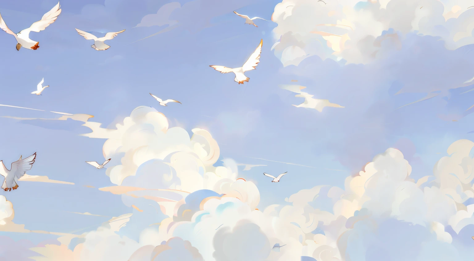 There are many birds flying together in the sky, Anime Cloud, Anime Sky, anime backgrounds, bird on sky, Pearly sky, calm clouds, birds on sky, Anime background art, studio ghibli sky, Beautiful floating clouds. Japanese cartoon, Detailed scenery – width 672, background artwork, Anime beautiful peaceful scene, Soft clouds, paradise background, some cloud
