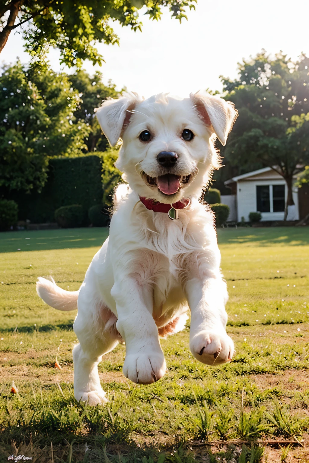 A white puppy,adolable,Jumping around in the sun,On the grass