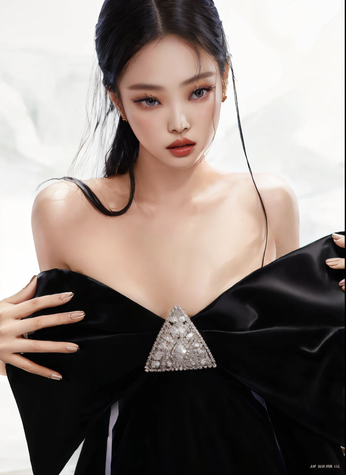 Un primer plano de una mujer con un vestido negro con un diamante en el pecho, Jingna Zhang, Gongbi, Blackpink Jennie, Sha Xi, Lulu Chen, Jinyoung Shin, Taejune Kim, JIA, Jung Gi Kim, mu pan, glossy magazine photoshoot, Lu ji, Minchen Shen, Kiko Mizuhara, Seseon Yoon, inspirado por Wu Bin