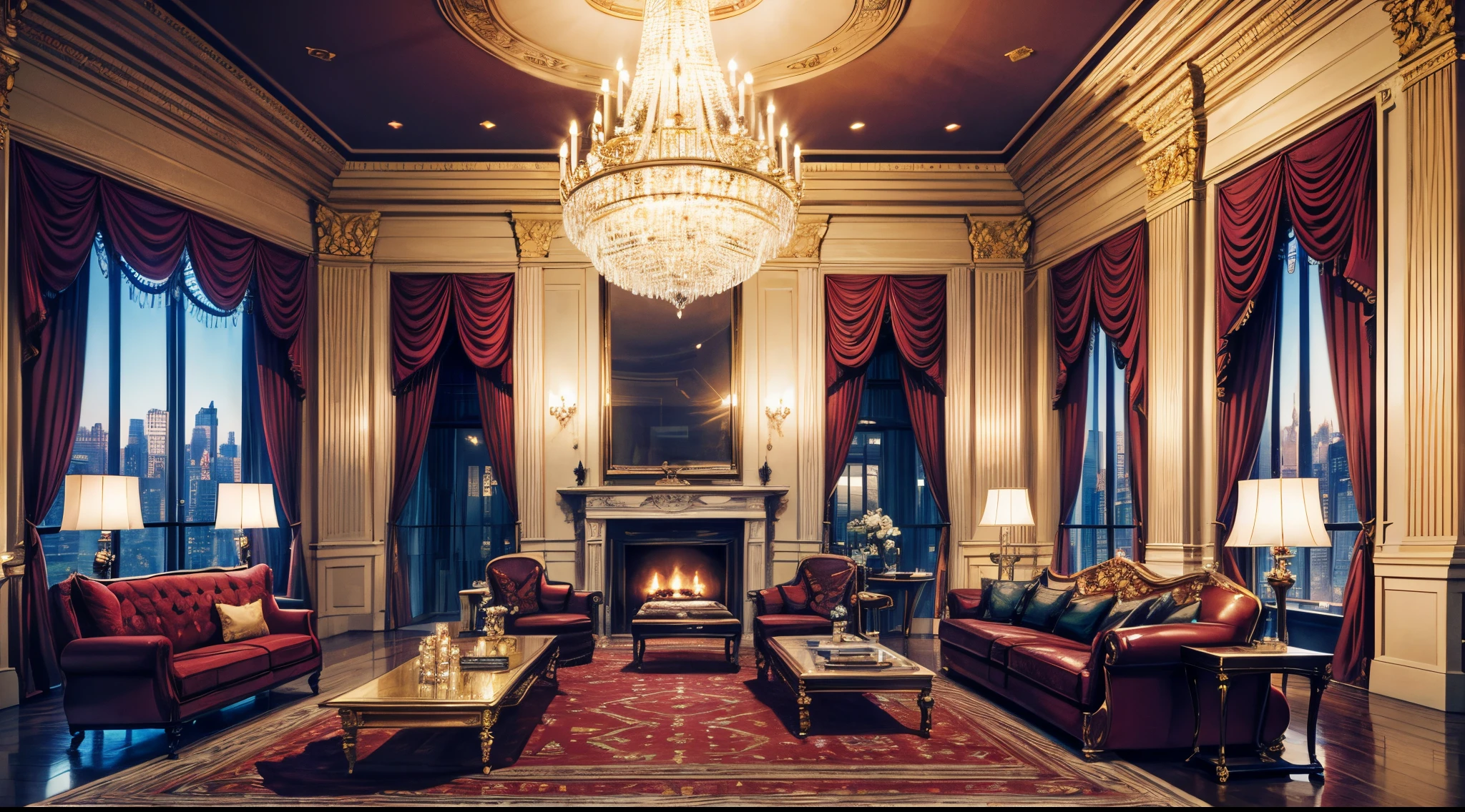 The spacious living room is adorned with opulent furnishings, including plush velvet sofas in rich jewel tones, gold-trimmed coffee tables, and an extravagant crystal chandelier hanging from the high ceiling. Floor-to-ceiling windows offer a panoramic view of Central Park, with custom silk drapes framing the breathtaking scenery.
