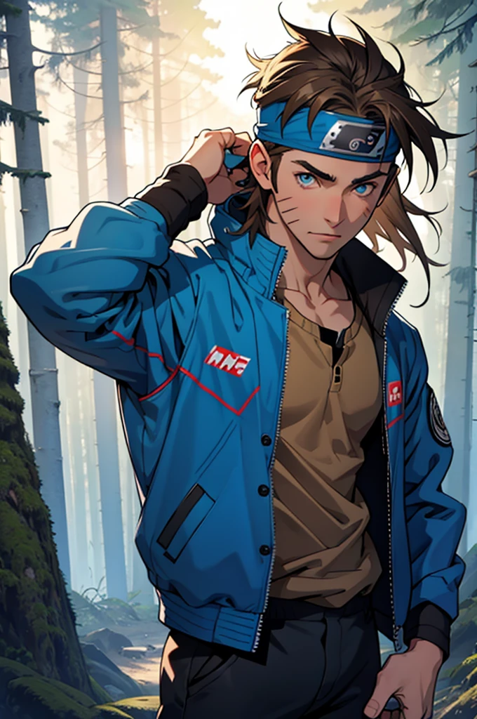A European looking guy with messy straight brown hair, named Mira1, Handsomer, High quality picture, With Naruto blue headband With air symbol, wearing blue jacket, 4K, in the forest, both eyes clear