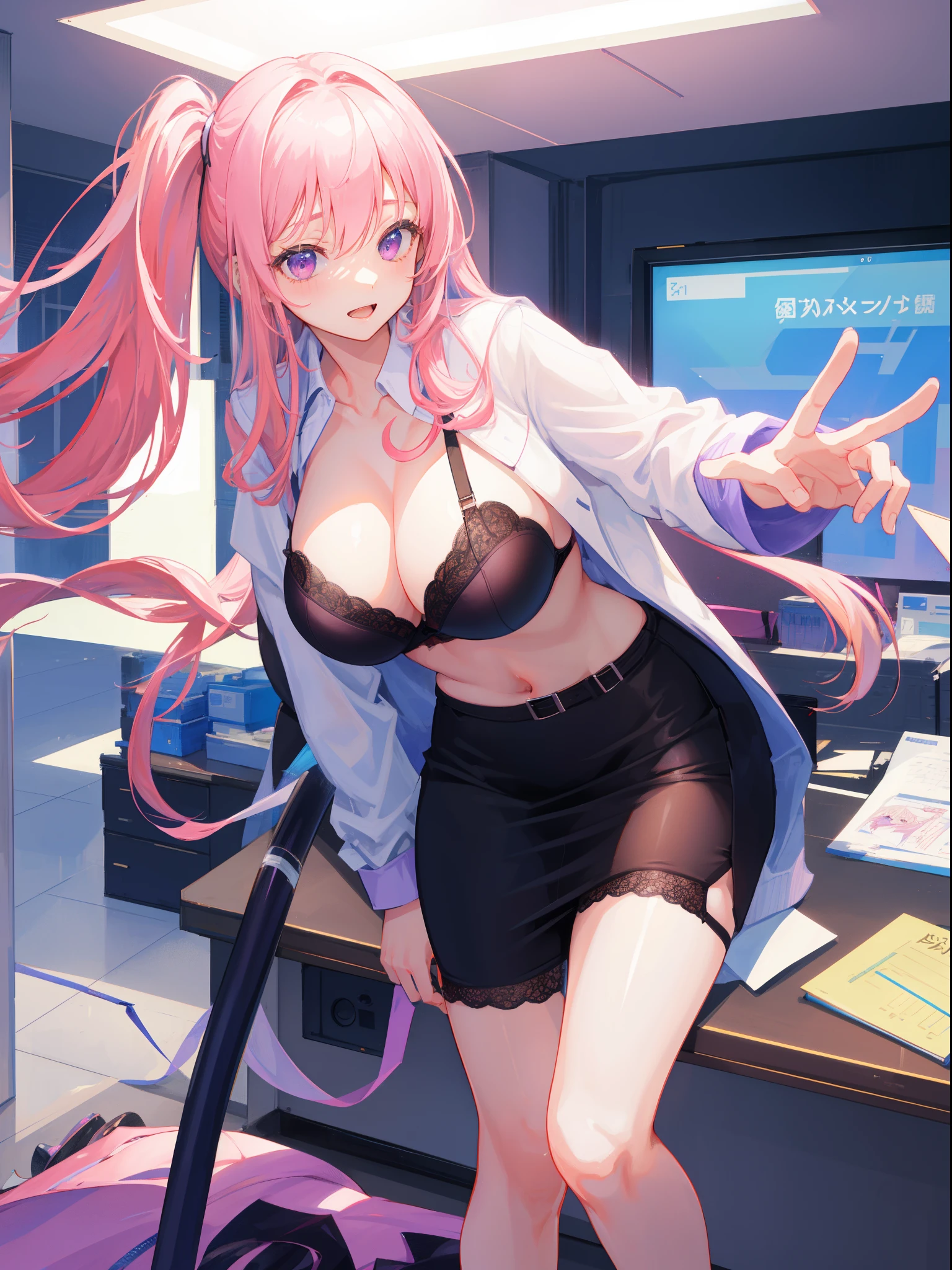 Best quality at best, tmasterpiece), 1个Giant Breast Girl, with pink hair, a purple eye, a garter belt, pencil skirts, Female office staff, Black bra, tiese, collared shir, leaning backward