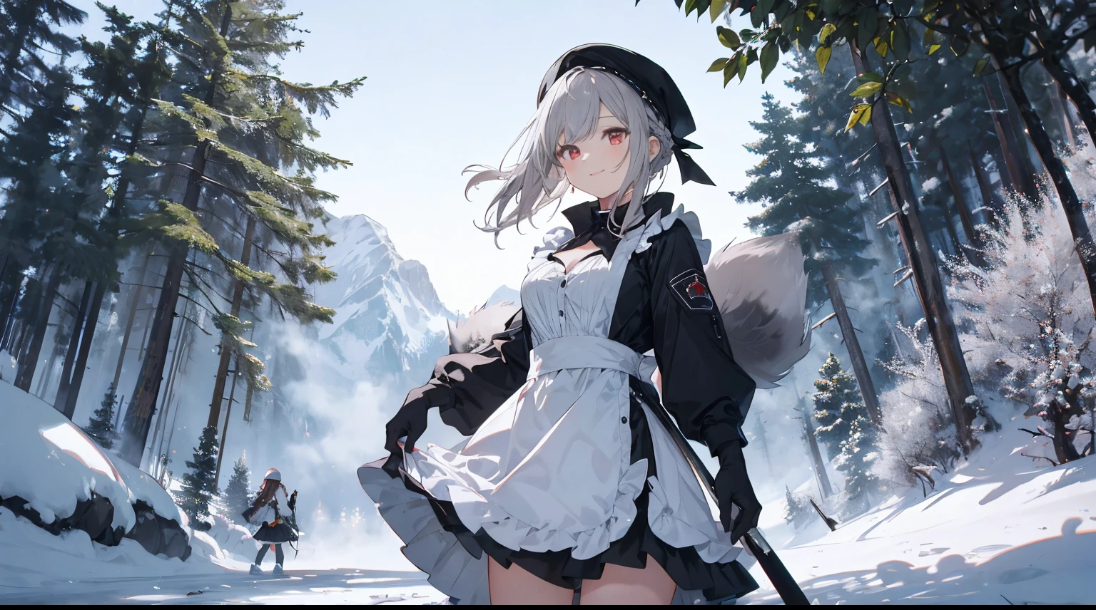 （（tmasterpiece：1.4，Best quality at best））+，（hyper-detailing）+，（詳細な目：1.5）+，（Gray berets：1.5），（cute girls），（red eyes：1.5），redheadwear，Short hair details，A long braid，multiple fox tails，（wariza：1.2），pale-skinned，Seductive smile，black crystal block，Red crystal on forehead，（Green British School Uniform：1.5），（black ribbon，White stockings，White apron，a white long skirt：1.4），dense fog，metal chains，White silk gloves，Ski slopes，tropical garden，Lift up skirt and twirl，（fashionable girl：1.1），（dawn light：1.2），），（Close-up cleavage：1.1），(elevation perspective:1.3)