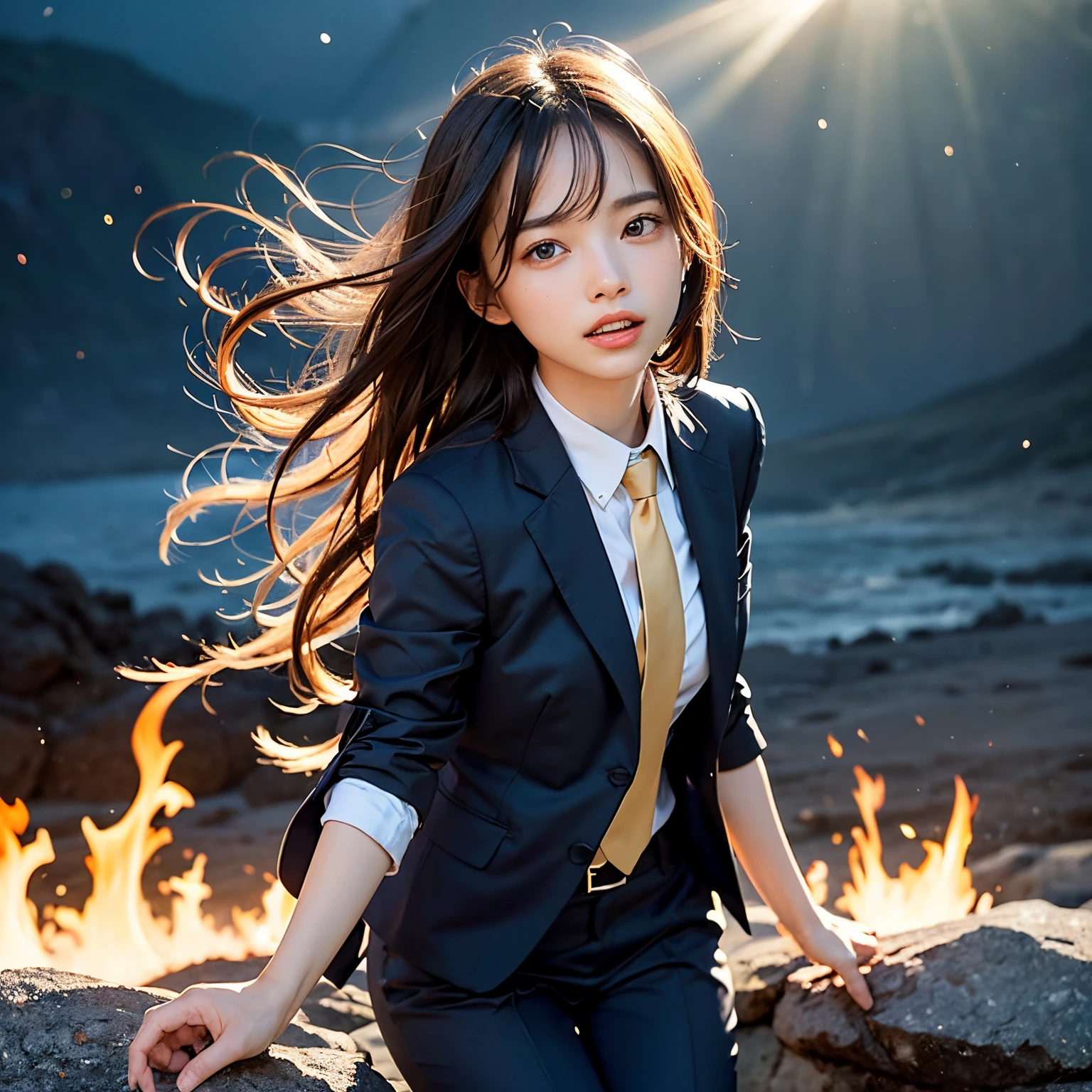 (masutepiece, Best Quality:1.2), 8K, Official art, Wearing a suit、Full body photo, full body Esbian、Emma fastening her tie. Beautiful barefoot woman with dark hair floating in the air, hold a flame in your right hand、in his left hand he holds a lightning bolt、Bright lava light rises above the broken Earth from beneath the asteroid belt(Jagged rock rocks and fragments shot into the air:1.3) (Storm of windy dust debris:1.1) Volume fogmist by trace Z、It can allow bright light from below to pass through、 (​masterpiece) (top-quality) (detaileds) (8K) (电影灯光) (foco nítido) (Convoluted)A dark-haired、25-years old、small tits、A delightful、A smile、unbelievable Ridiculous, (Beautiful girl with upper body, Pretty Face, arching back down, Gold hair ornament on hair、Wearing a cute suit、close up, Wearing a suit, Short sleeve, gardenia, violaceaess, Teen, space system, Looking at Viewer, Film grain, chromatic abberation, Sharp Focus, face lights, Dynamic lighting, Cinematic lighting, Eyes and faces with detailed, Bokeh background, (Tie with Emma written on it、1 copy:1.2)
