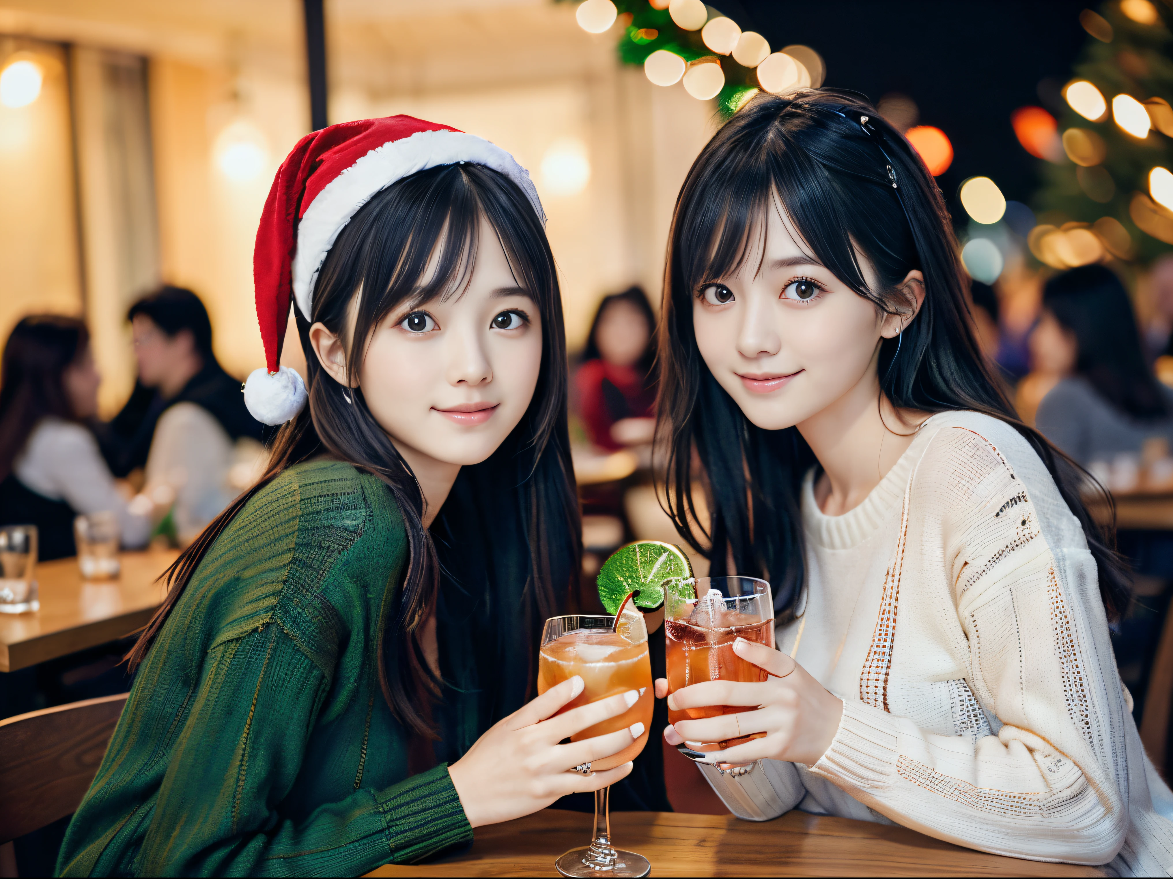 (Close up portrait of two side-up haired girls in winter colorful knitted sweaters and black shirts and a girl with long light brown hair。:1.5)、(girls have a christmas party、Smiling and drinking cocktails in a cafe at night:1.5)、( Blurry background,:1.5)、(Perfect Anatomy:1.3)、(complete hands:1.3)、(complete fingers:1.3)、Photorealsitic、Raw photography、masutepiece、top-quality、hight resolution、delicate and pretty、face perfect、Beautiful detailed eyes、Fair skin、Real Human Skin、((thin legs))