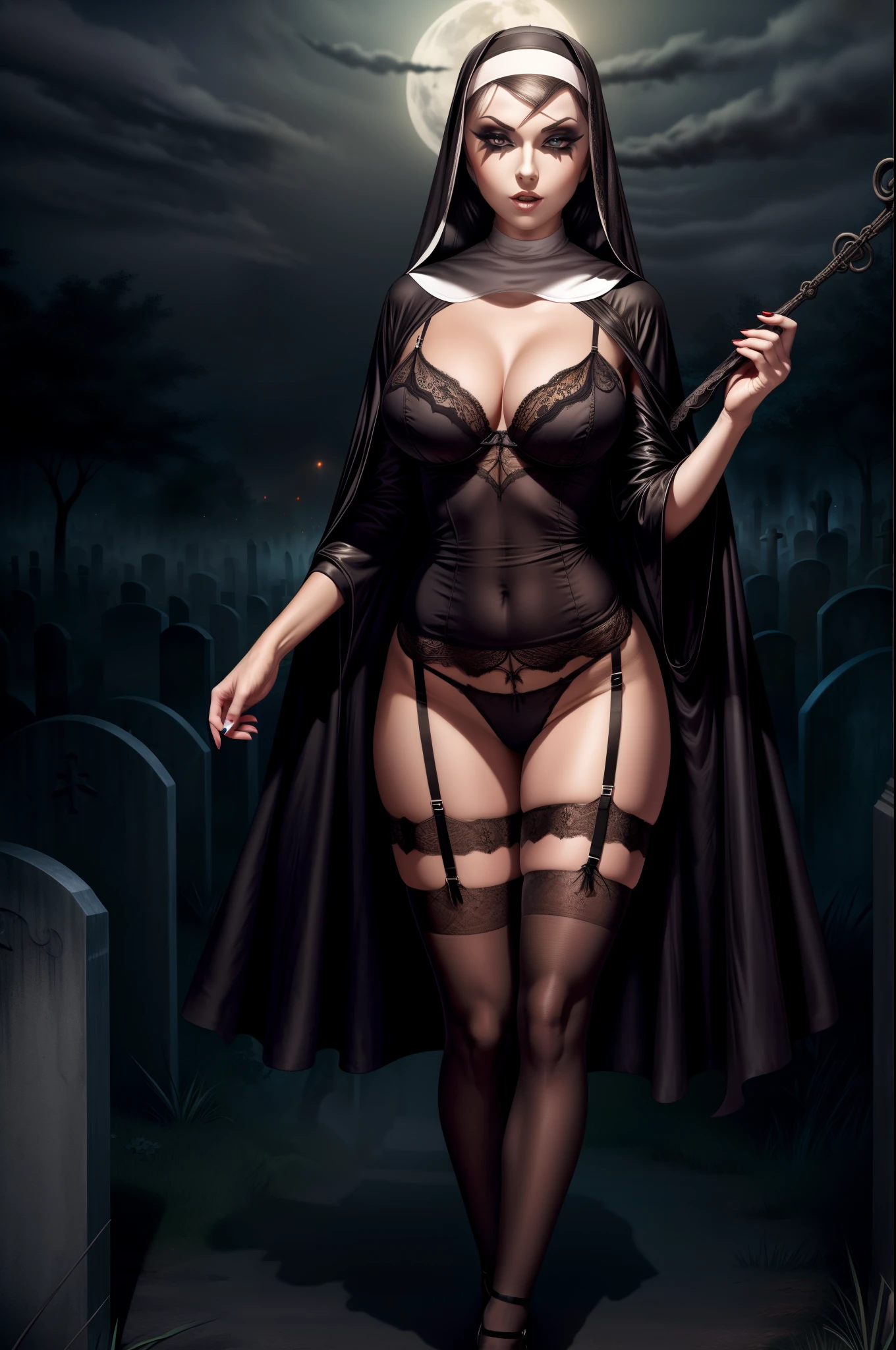 ???? evil nun wearing a habit, lingerie, full body shot, sultry pose, foggy graveyard at night