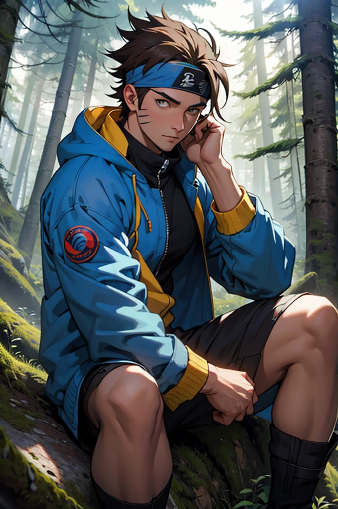 A European looking guy with messy straight brown hair, named Ryo, Handsomer, High quality picture, With Naruto blue headband With sqaure symbol, wearing black jacket, 4K, sitting inside treehouse, both eyes clear, looking happy, not too masculin