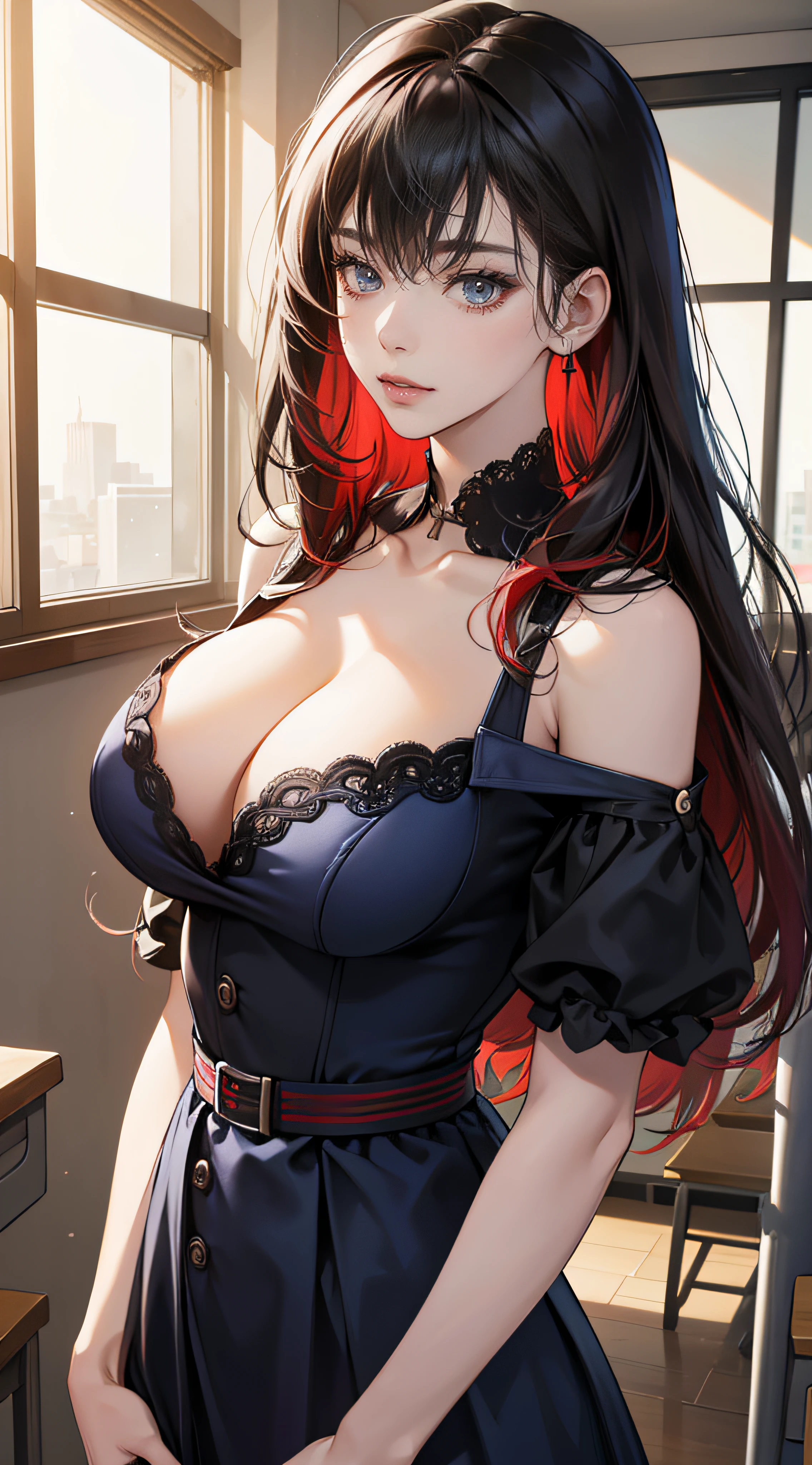(Best quality,4K,A high resolution), 18-year-old female, Red mesh hair on black hair, Long gray hair, hair straight, Cool woman,,sharp piercing eyes , macarons,struggle,Fighting posture,Close-up cleavage,Faust,Draw intricate shapes, realistic portrayal,School Classroom Background,female high-school student,校服,Navy blue dress,summer outfit, short- sleeved,Colossal tits,Chopping,Emphasize cleavage, sexy for, exposed bare shoulders
