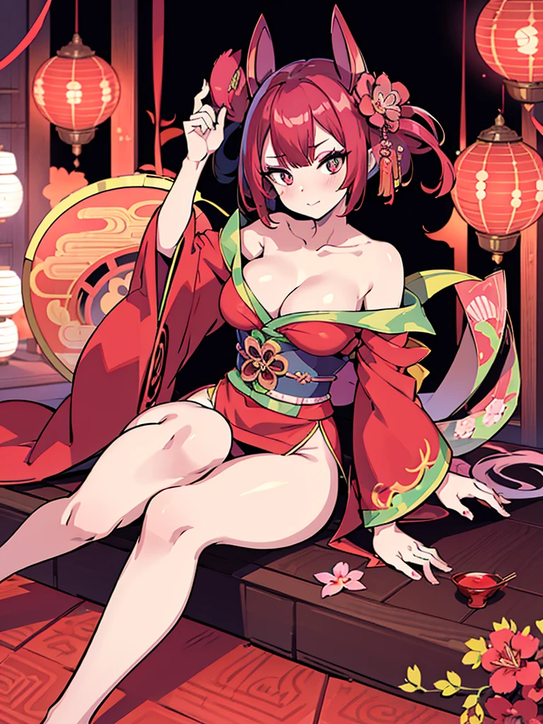 masutepiece, Best Quality, Extremely detailed, Anime, Kurokami Oiran, Bright eye, Beautiful eyes, prostitute makeup, Off-shoulder kimono that exposes the nape and shoulders, A tight kimono obi that emphasizes your figure, A kimono that opens in the front exposing the cleavage, well-shaped breasts, Sitting in a Japanese-style room