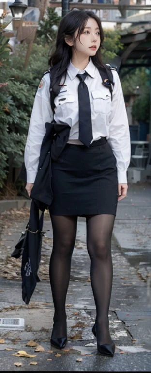 Policewoman，Professional uniforms，white  shirt，Black hip skirt，black heels，100D black hip socks，black lence stockings，black pantyhoses，Thick black stockings，huge tit，Cocked buttocks，Super detail，hyper HD,A high resolution,1080p,Anatomically correct，ccurate，Physical coordination，Photo portrait，Delicatemakeup，slender thigh，Best quality, Masterpiece, 超A high resolution, RAW photo, Beautiful and aesthetic,deepshadow, (Photorealistic:1.4), full-body composition, Striking perspective，naked