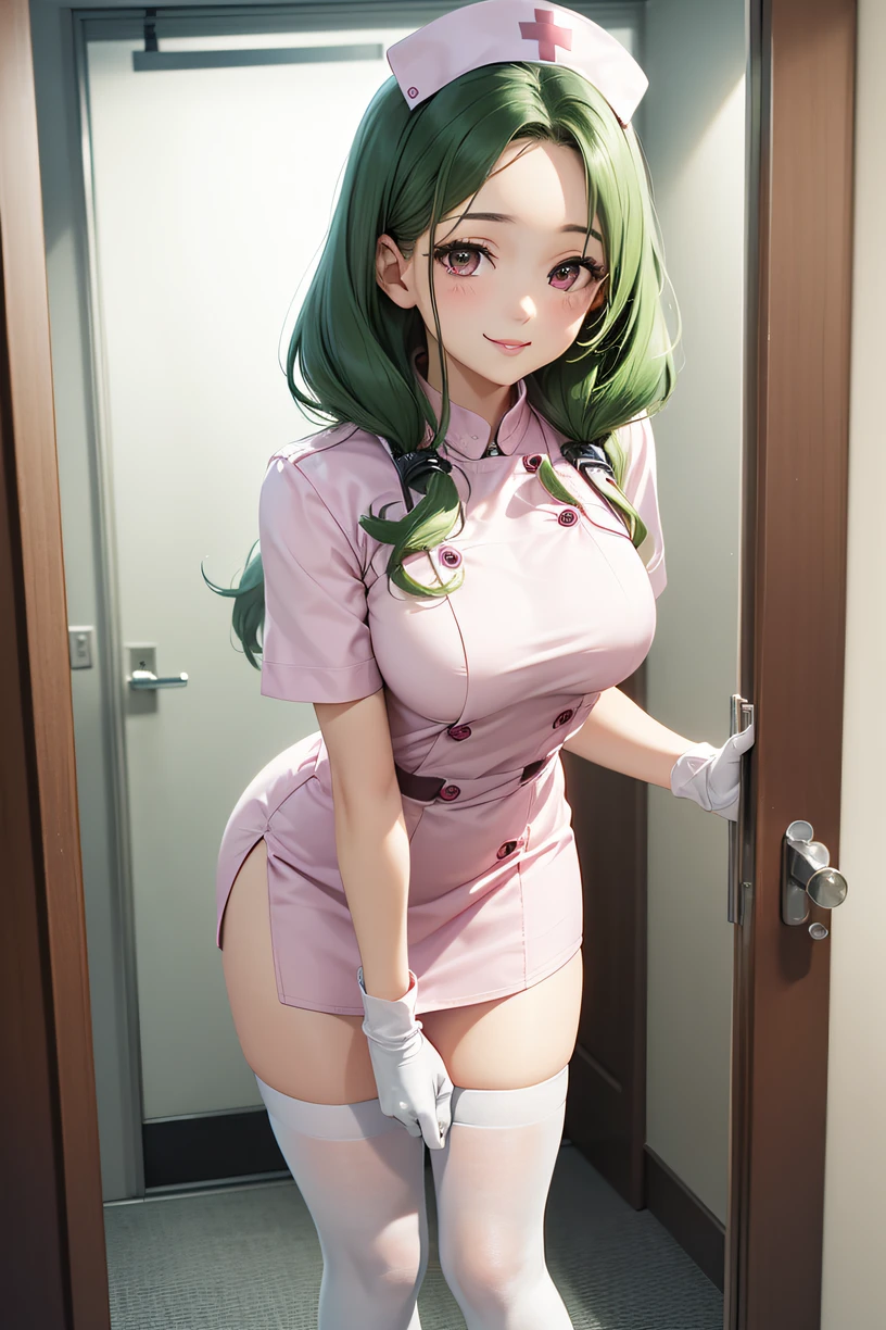 1woman, solo, nurse, nurse cap, white wear, ((white legwear, zettai ryouiki)), white gloves, forehead, long hair, green hair, pink eyes, pink lips, smile, standing, ((hospital room)), sharp outline, short sleeves, mature female, 35 years old, best quality, masterpiece