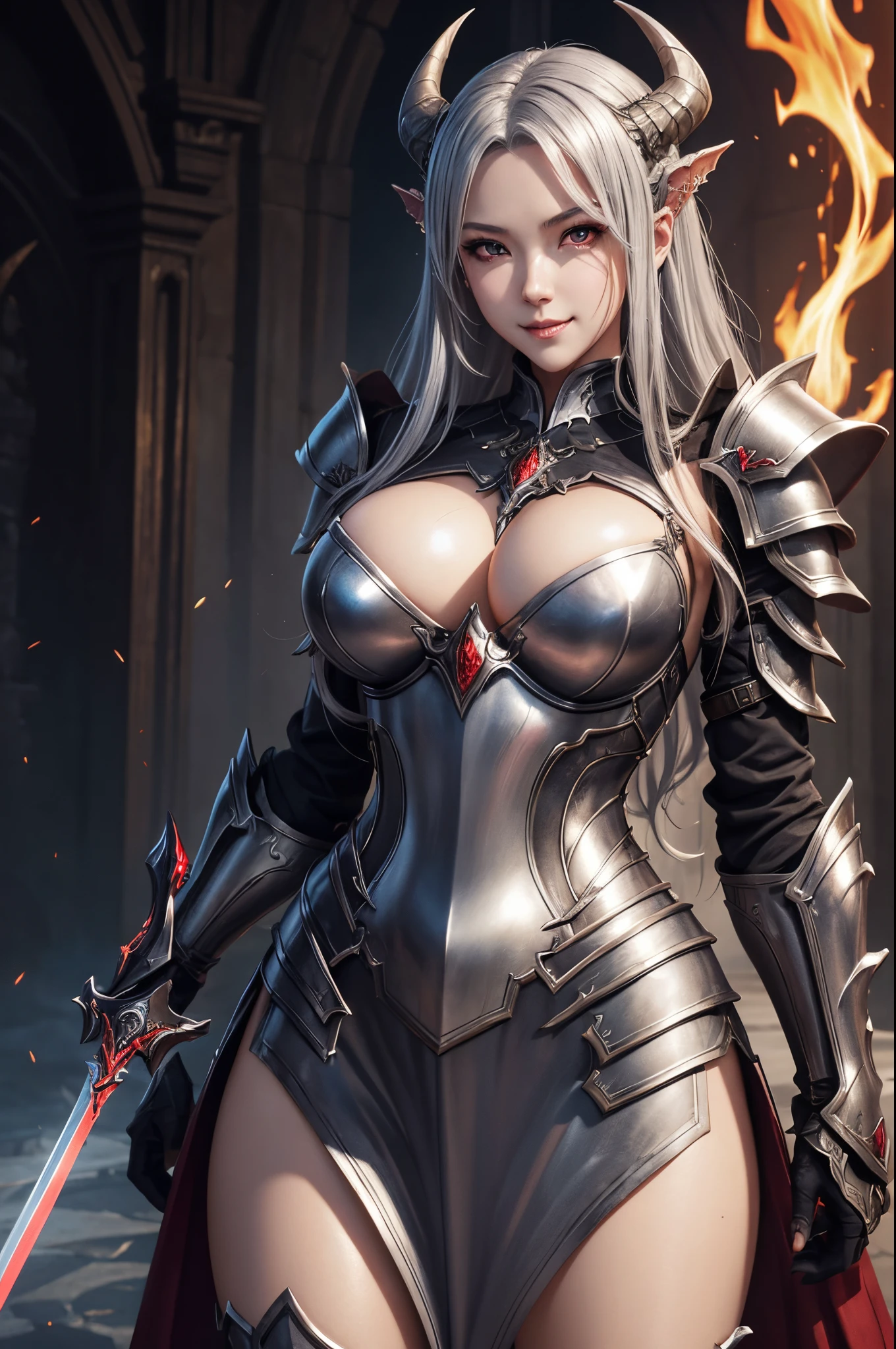 8K、Bewitching succubus,Arafed woman in armor posing for photo with sword and armor、beautiful wavy silver hair,large full breasts,Chest armor with flame motif(red and silver)2。5 d cgi anime fantasy artwork、Fanart Meilleure ArtStation、Detailed Digital Anime Art、detailed fantasy art、8k fantasy art、digital fantasy art)、wlop rossdraws、artstation chengwei bread、armor girl、epic fantasy art style、a beautiful succubus,enticing,Beautiful fangs,Look at viewers,A seductive gaze,a smile,