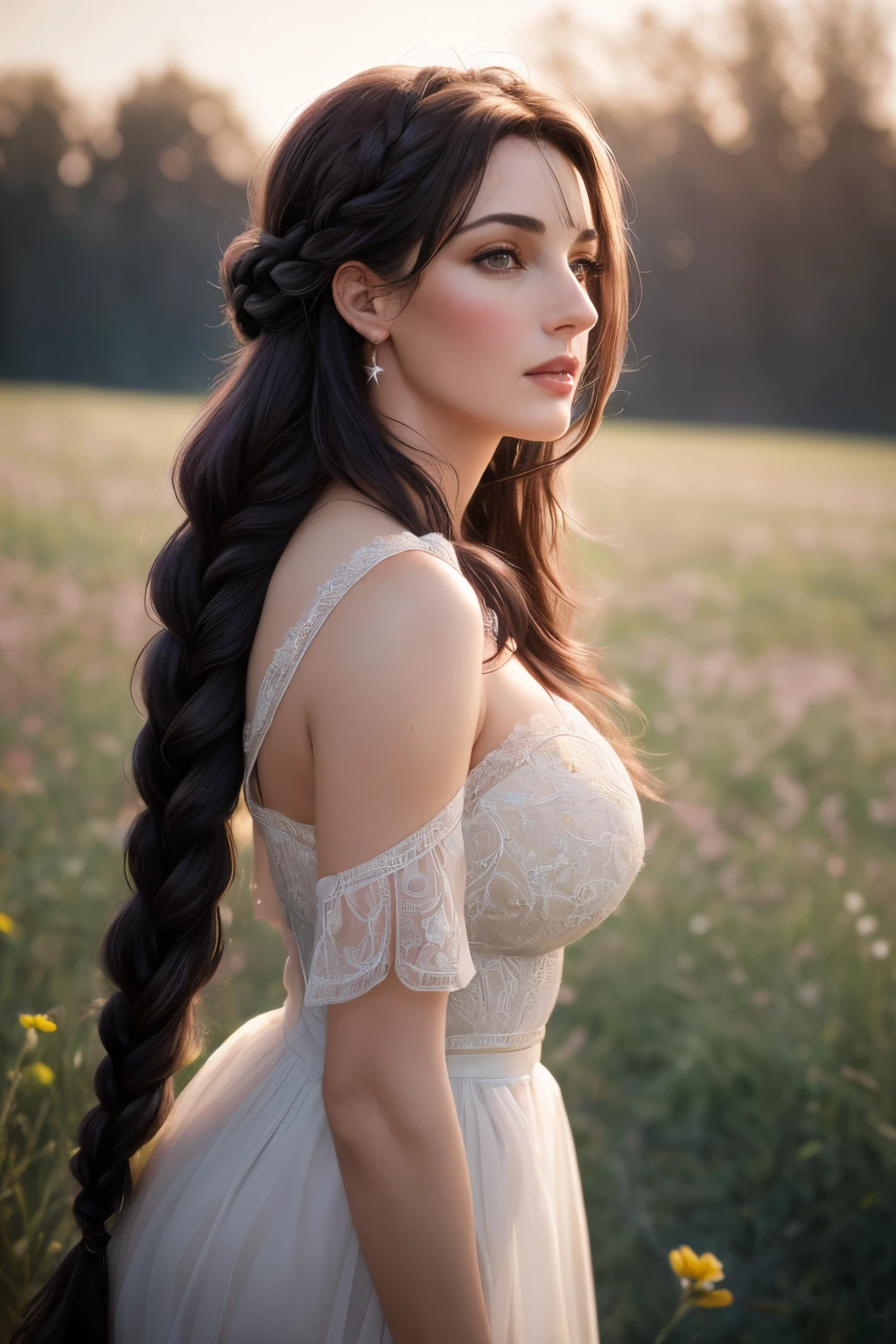 (masterpiece, best quality:1.3), (beautiful, aesthetic, perfect, delicate, intricate:1.2), (cute, sexy, pornographic), (depth of field:1.2), (1girl, solo), colourful, woman of 45 years-old resembling Monica Bellucci, perfect face, black flowing hair , long hair , braids front view, , big breasts , woman standing in a field of flowers, cold light, dim light, muted colours, spartan, (dynamic angle, looking at viewer, blushing:1.2)