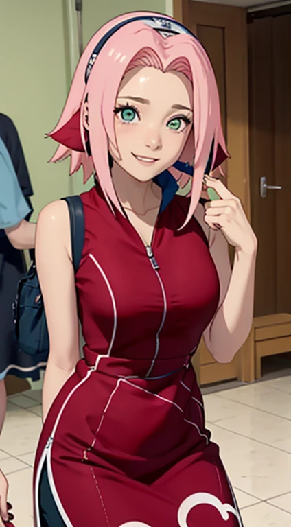 tmasterpiece, Best quality at best, 1 cinta, sakura haruno adulta, seios grandes,Traje fora do ombro,(usando jaleco hospitalar),(clivagem),(closeup da parte superior do corpo),Criado sexy,is shy,sorriso,com cabelo rosa, long, whitish hair, (Globos oculares verdes:1.4), Forehead Protection, As cerejeiras,Flores de cerejeira voando,roupas vermelhas,Zipper half