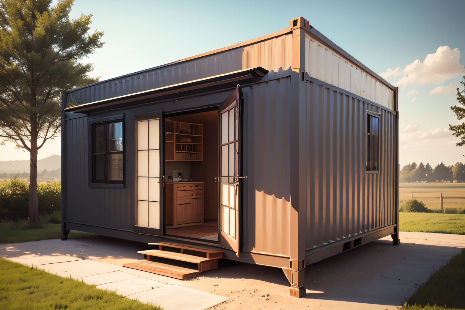 container house that folds by the side. The entrance is in front and it has a small window. 40ft wide container. cozy home, well equipped with aplliances.