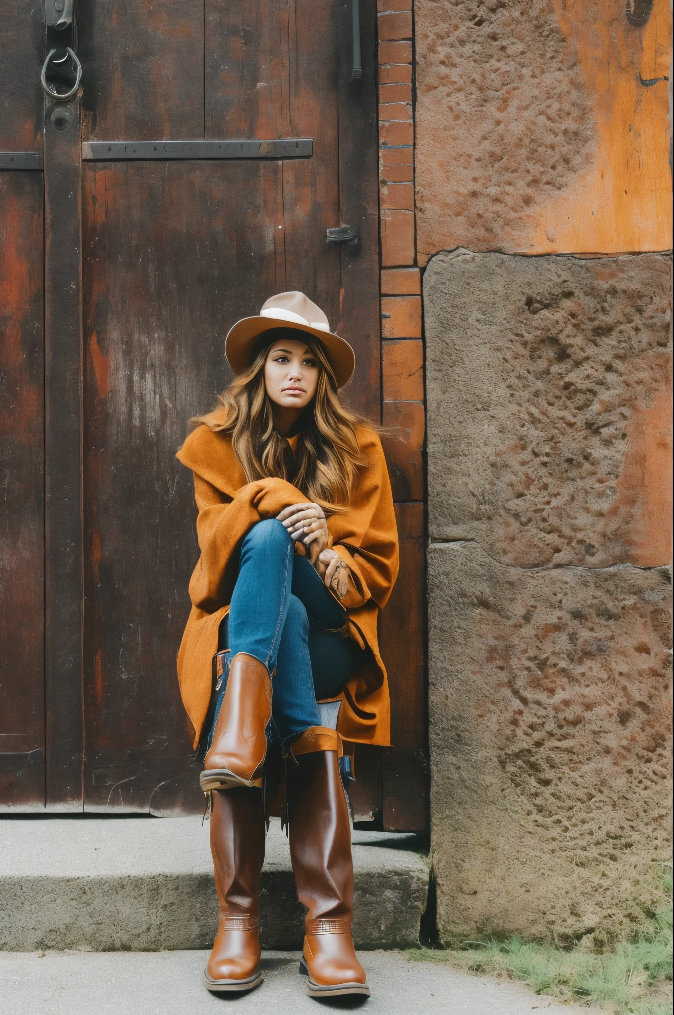 A woman is wearing a pair of caramel-colored Martin boots. --auto --s2