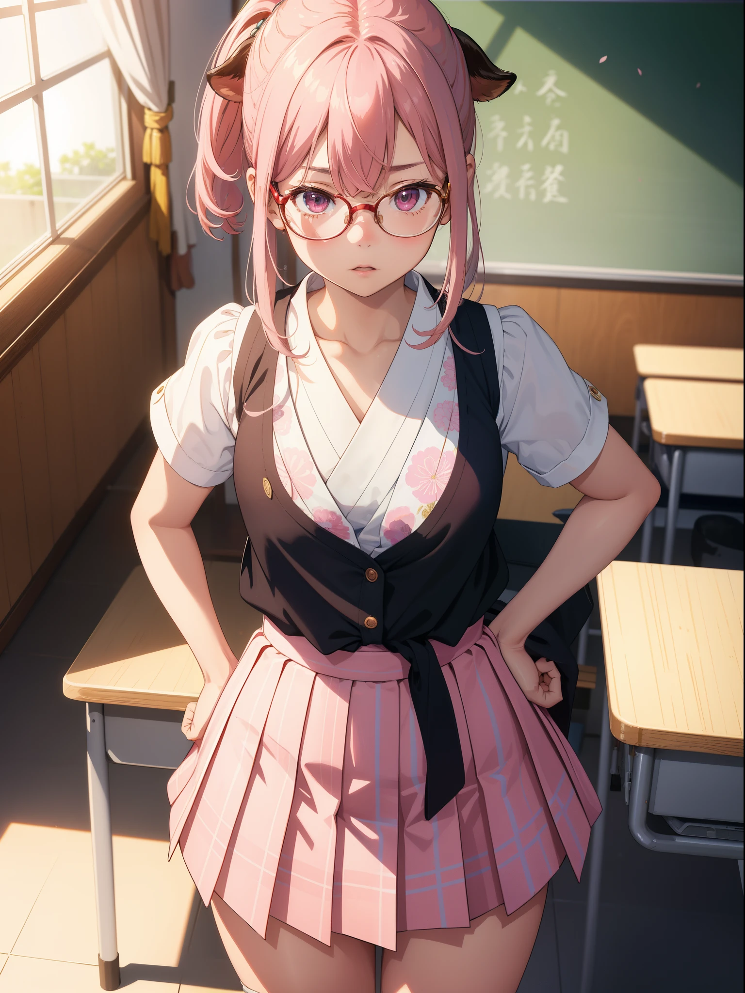 tmasterpiece, Best quality at best, ultra - detailed, hyper realisitc, photore),delicate patterns, detailedbackground, completely uncensored, cow boy shot, japanaese girl, ‎Classroom, 校服, Loose collar, a skirt, Look at the glasses, hair between eye, Pink haired girl holding up index finger，one hand on hips, Cheeks puffed up with anger, from the above, Leaning forward,