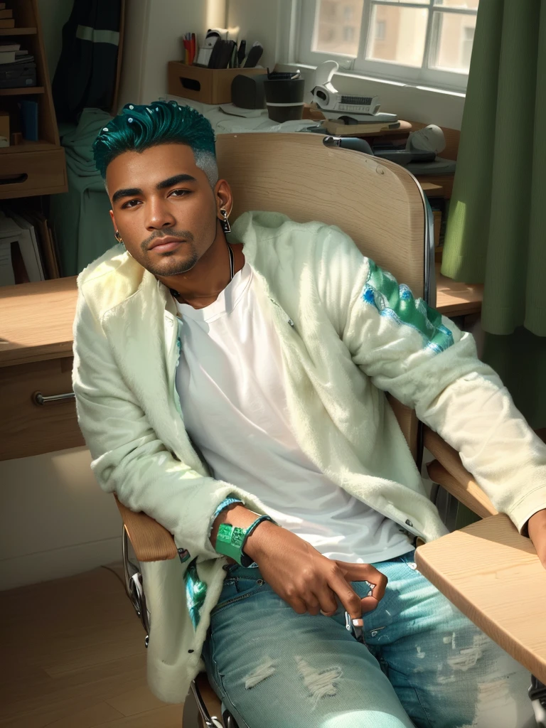 Man sitting in a desk chair looking forward with a haircut and an earring in his ear dressed in a white t-shirt, green coat and blue jeans