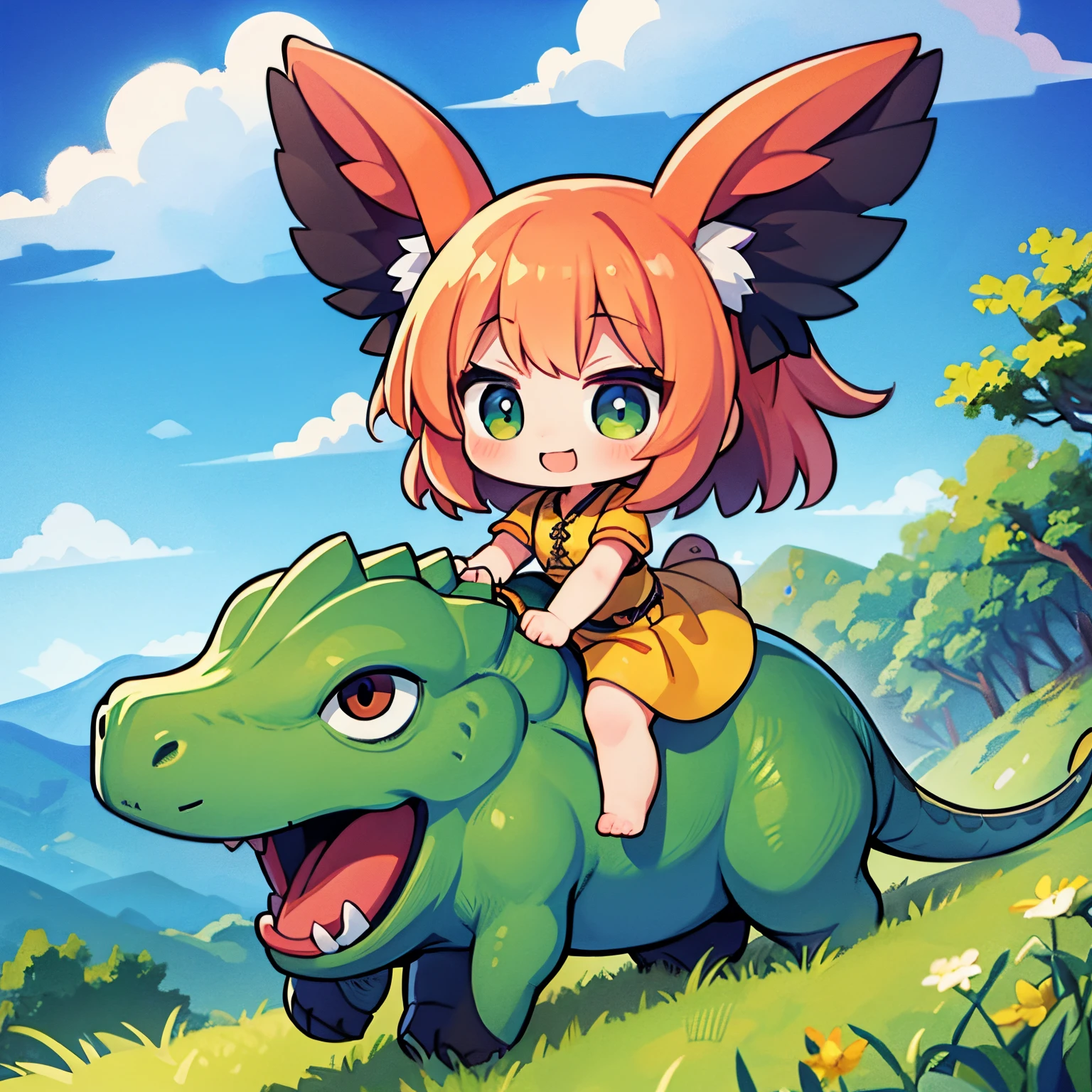 A masterpiece, a detailed background, Pretty girl、Riding on the back of a small dinosaur、Happy look、Chibi