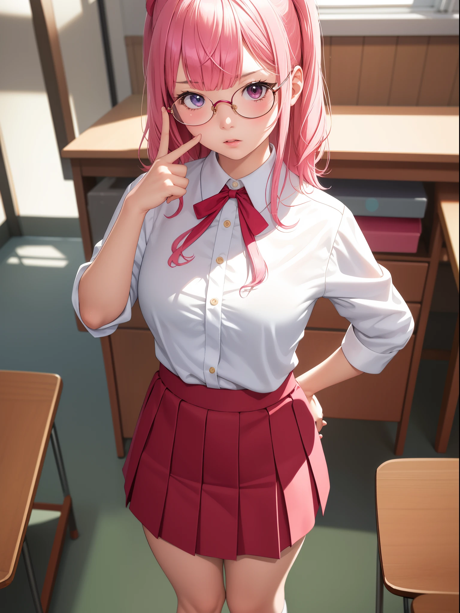 tmasterpiece, Best quality at best, ultra - detailed, hyper realisitc, photore),delicate patterns, detailedbackground, completely uncensored, cow boy shot, japanaese girl, ‎Classroom, 校服, Loose collar, a skirt, Look at the glasses, hair between eye, Pink haired girl holding up index finger，one hand on hips, Cheeks puffed up with anger, from the above, Leaning forward,