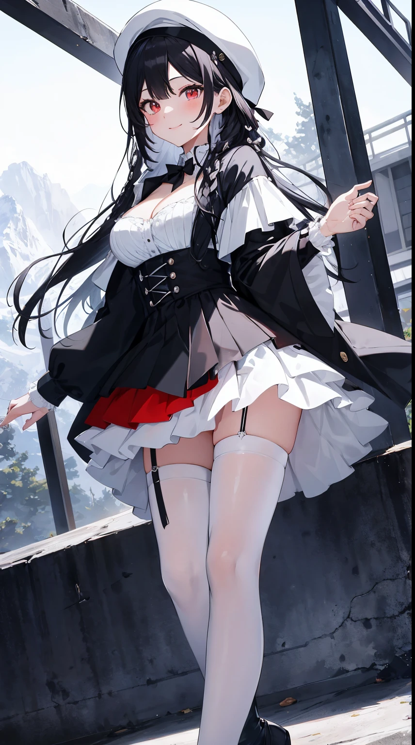 ((tmasterpiece:1.4,Best quality at best))+,(hyper-detailing)+,(詳細な目:1.5)+,(Gray berets:1.5),(cute girls),(red eyes:1.5),black hair color hair,Short hair details,A long braid,(wariza:1.2),pale-skinned,Seductive smile,black crystal block,Red crystal on forehead,(White color blouse:1.5),(black ribbon,White stockings,a white long skirt:1.4),dense fog,metal chains,White silk gloves,Ski slopes,tropical garden,Lift up skirt and twirl,(fashionable girl:1.1),(dawn light:1.2),),(Close-up cleavage:1.1),(elevation perspective:1.3)