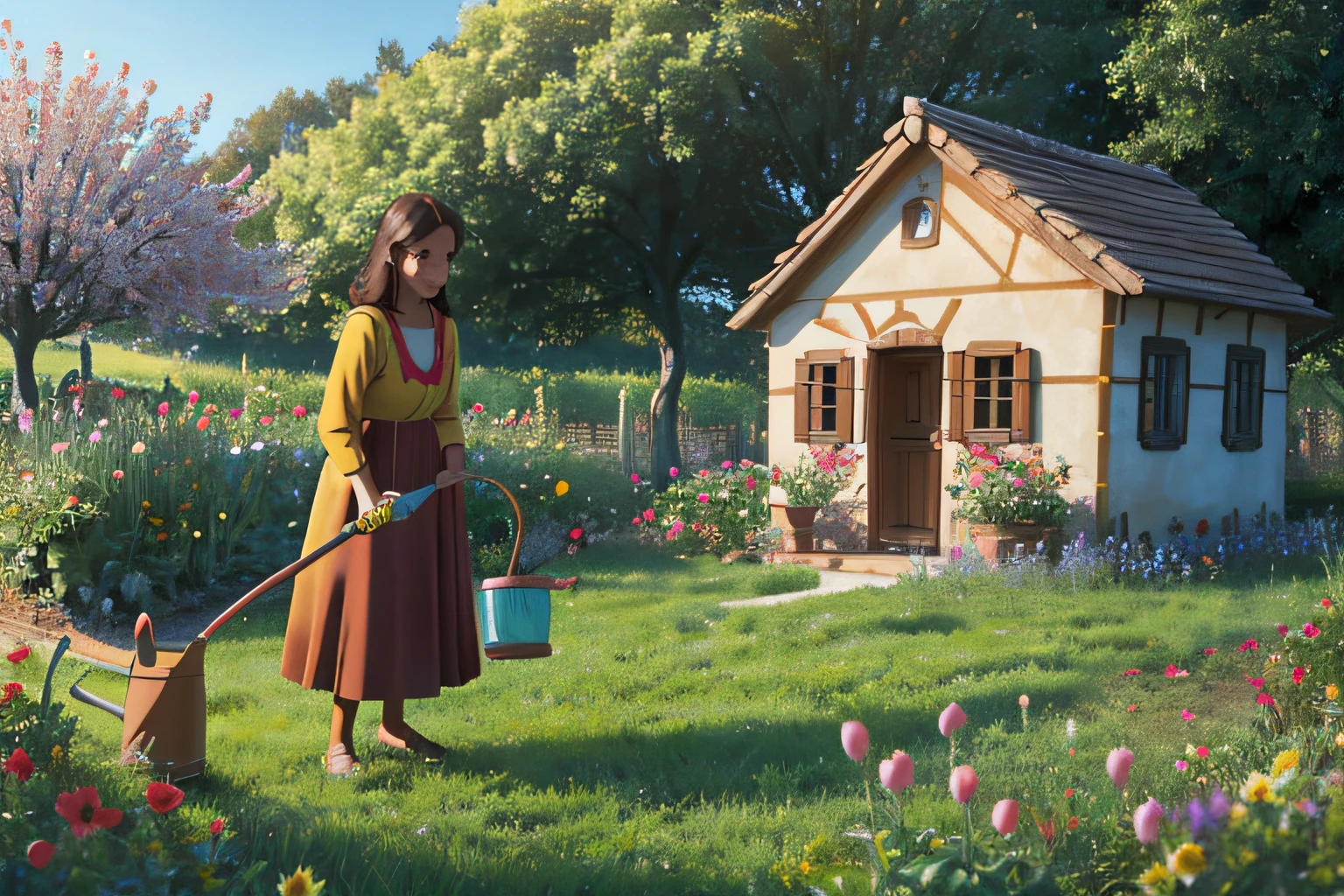 children’s book illustration style, simpel. Morena Virna is 55 years old. She has brown hair. Morena Virna stands outside in her orchard and is watering the flowers with one watering can. Her house can be seen in the background. It is early spring. It's sunny outside.