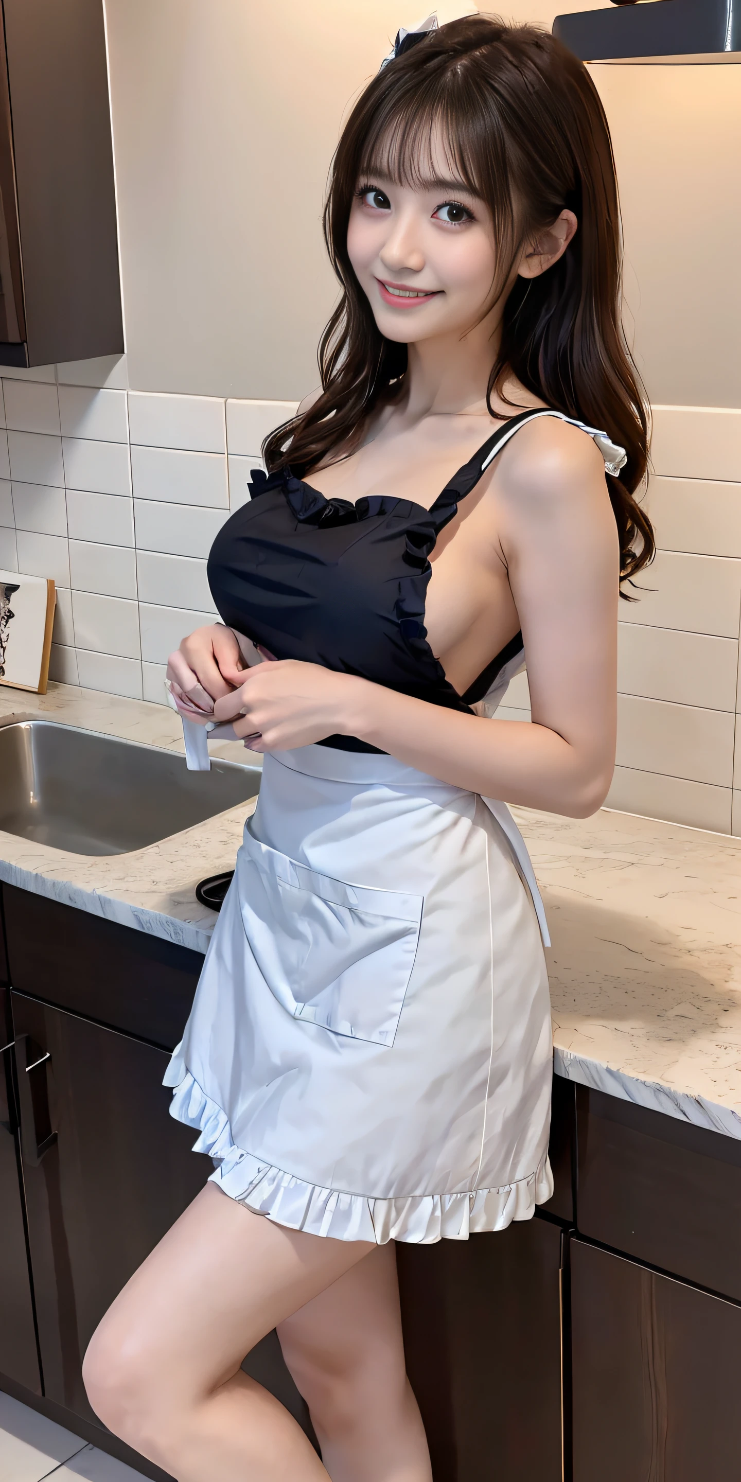 top-quality、Top image quality、masterpiece、fully body photo、25 years old women, Dark brown wavy middle hair、bangss、((White apron with frills))、 (no-bra、Puffy nipple、visible from the side、press your chest against the sink)、light blue pantie、soft boob、Large breasts、Bare legged、 cute smile face、衣服湿透、((Roll up the chest of the apron with your hands and open it wide.......、stick out buttocks))