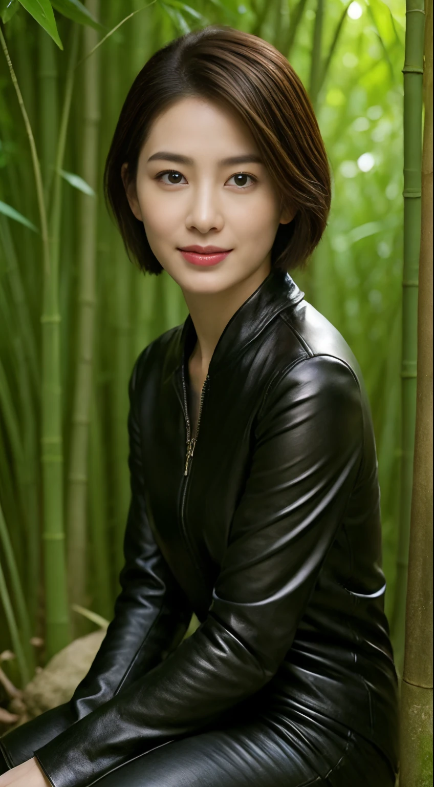 The highest image quality、超高分辨率、1 girl,Short hair details、exquisite and beautiful face、Wearing a leather long-sleeved robot suit、Sitting on a large rock in the bamboo forest