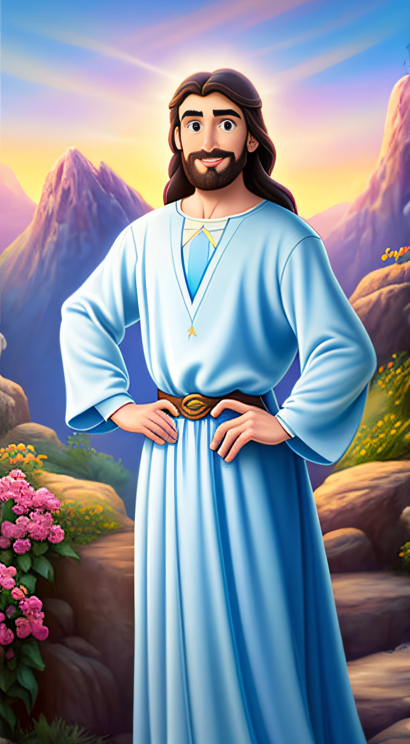 Original art quality, full body picture, Disney character animation style, young and handsome Jesus God, standing posture, hands naturally placed on both sides, looking ahead, gentle expression and smiling, eyes full of light, background light blue, translucent, with light as the theme, the focus of light is on the characters, the overall picture is fresh and bright.