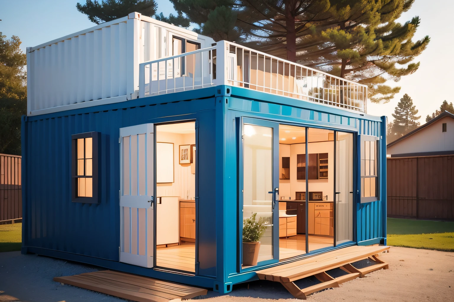 container house that folds by the side. The entrance is in front and it has a small window. 40ft wide container. cozy home, well equipped with aplliances.