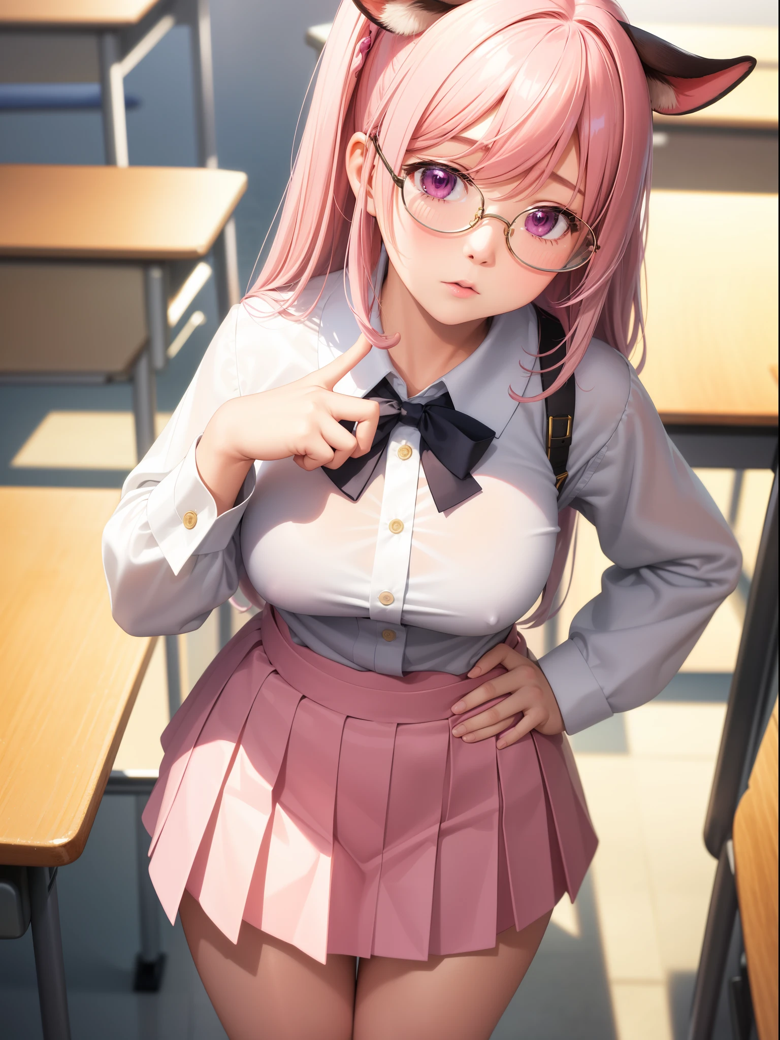tmasterpiece, Best quality at best, ultra - detailed, hyper realisitc, photore),delicate patterns, detailedbackground, completely uncensored, cow boy shot, japanaese girl, Classroom, 校服, Loose collar, a skirt, Look at the glasses, hair between eye, Pink haired girl holding up index finger,one hand on hips, Cheeks puffed up with anger, from the above, Leaning forward,