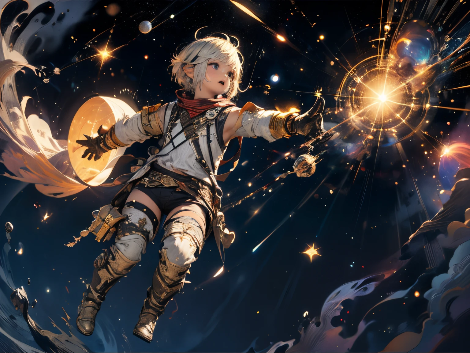 FF14, Final Fantasy XIV, (Lalafel), male, floating in the vast vacuum of space, desperately reaching out towards a distant star with their tiny hands., very detailed, 8k, bokeh.